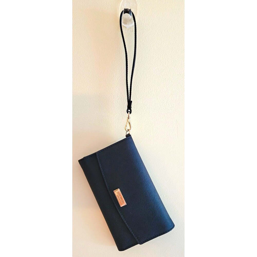 Kate Spade New York Black Wristlet Wallet w/ Strap, Folding Logo, Card Slots